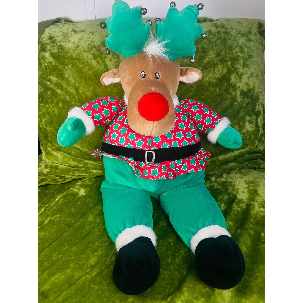 Home for the Holidays Jingle Christmas Reindeer Plush Decor Red Green kitsch 90s - Picture 2 of 7
